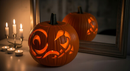 Obraz premium Illuminated Carved Pumpkin with Candles Reflected in Mirror Creating Festive Halloween Display Featuring Jack O Lantern, Candlelight, and Autumn Holiday Decorations on Table