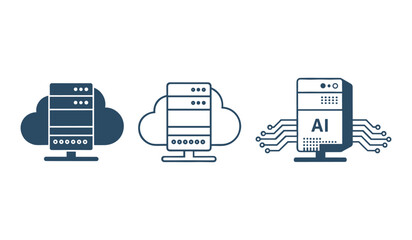 Three dark blue server icons with cloud and A I symbols on white background artificial intelligence