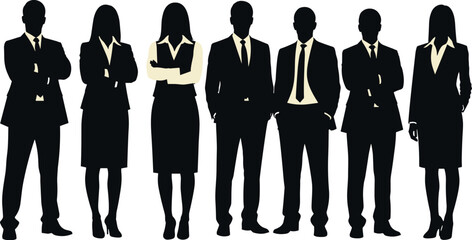 Silhouette of a diverse group of business professionals, men and women, standing together in formal attire