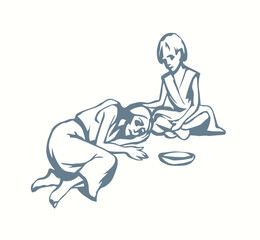 People suffering from hunger. Vector drawing