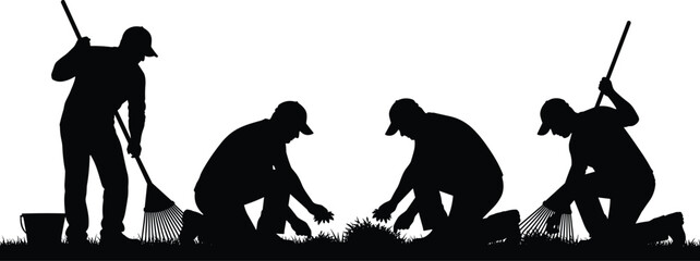 Silhouettes of gardeners tending to a lawn, one using a rake and others planting or weeding, representing outdoor work and horticulture
