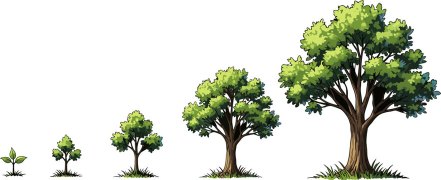 Illustration showing the growth stages of a tree, from a small sprout to a large mature tree