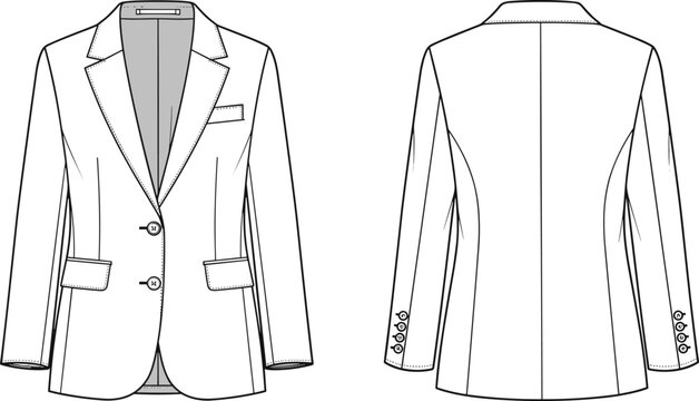 Front and back view of a classic tailored blazer, a versatile piece of outerwear for formal and casual occasions, presented as a clean fashion illustration