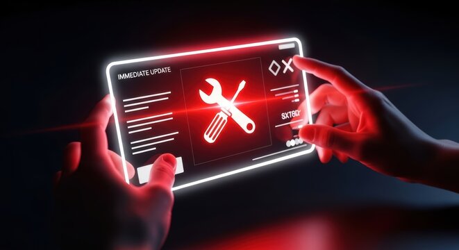 Hands interact with a digital interface showing wrench and screwdriver for immediate update installation process on a screen