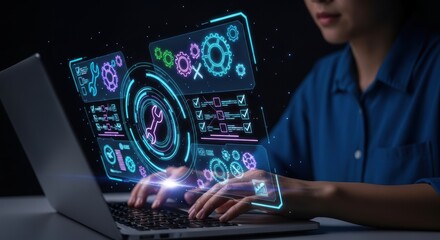 Woman uses a laptop with a futuristic interface showing tools and options for software or system settings and maintenance