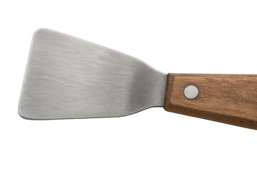 Metal spatula with wooden handle, close up view, kitchen utensil, cooking tool, transparent background on white