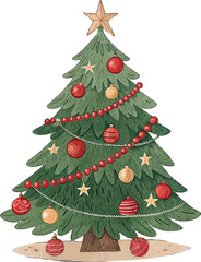 🎄 Decorated Christmas tree with red balls, star ornament, and presents for the winter holiday season celebration