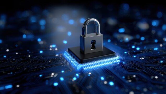 Padlock secures a computer processor against digital threats on a vibrant blue circuit board symbolizing network data encryption