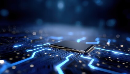 Advanced microchip on circuit board glows with blue light symbolizing future technology and innovation in computing and data processing