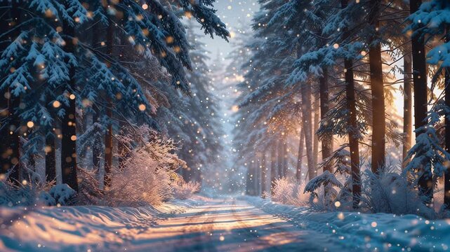 Magical winter forest path with falling snow. Golden light sparkling through snow-covered pine trees. Animated holiday and Christmas background