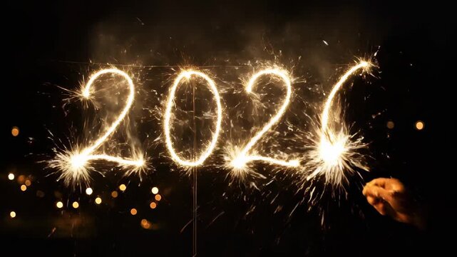 Sparkler fireworks forming the year 2026 in the dark night sky.