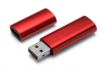 Red metallic USB flash drive with cap, data storage device, isolated PNG with Transparent Background