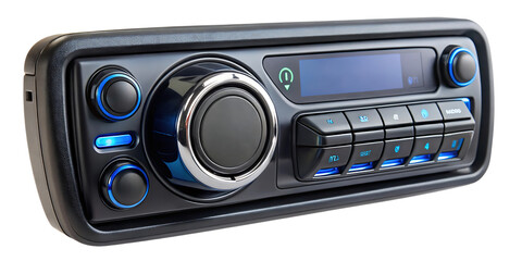 Fototapeta premium Modern digital car stereo with illuminated blue buttons and a large central control knob, isolated on transparent background