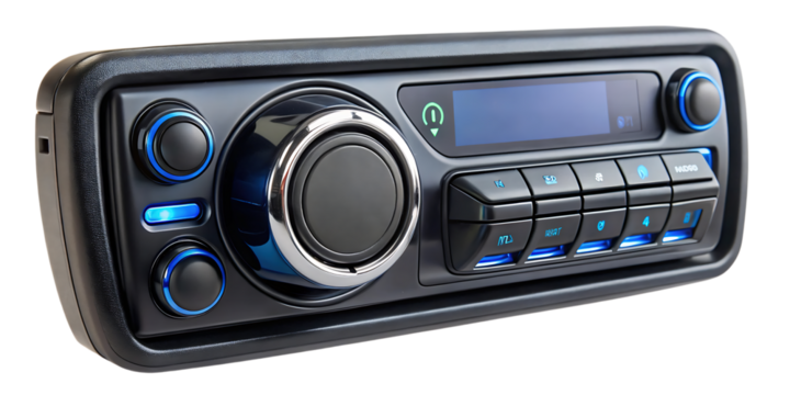 Modern digital car stereo with illuminated blue buttons and a large central control knob, isolated on transparent background