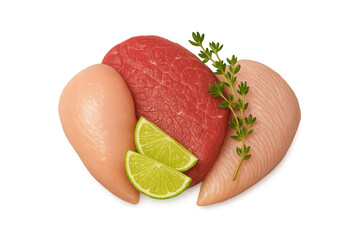 Assorted raw meats, beef steak and chicken breasts, with lime wedges and thyme garnish