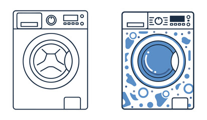 Two washing machines one plain outline one with blue abstract shapes and circles appliance laundry