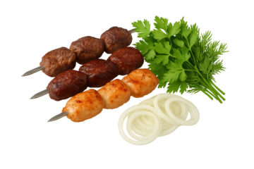 Skewered grilled meatballs with onions and fresh herbs