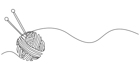 Ball of yarn in continuous one line art drawing style, Knitting Day. A continuous line. Vector illustration drawn with a single line, A ball of yarn in one continuous line with colored elements.