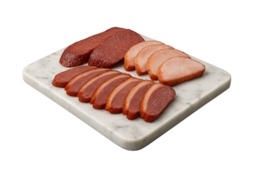 Sliced cured meats arranged on white marble cutting board