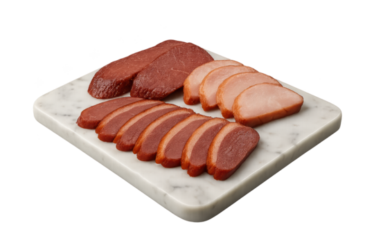 Sliced cured meats arranged on white marble cutting board
