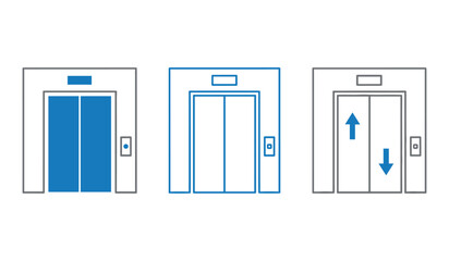 Three elevator icons with blue doors and directional arrows lift symbol