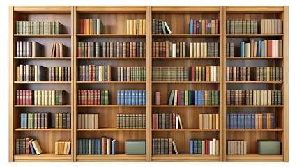 A full shot of a wooden bookshelf filled with a variety of books, showcasing different colors, sizes, and binding types, creating a sense of knowledge and literature isolated on transparent background