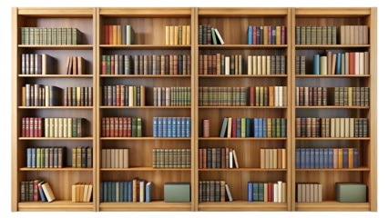 A full shot of a wooden bookshelf filled with a variety of books, showcasing different colors, sizes, and binding types, creating a sense of knowledge and literature isolated on transparent background