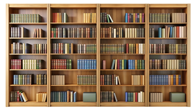 A full shot of a wooden bookshelf filled with a variety of books, showcasing different colors, sizes, and binding types, creating a sense of knowledge and literature isolated on transparent background