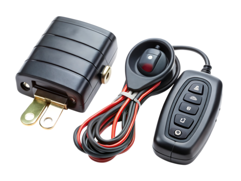 Black car alarm system components including a central unit with plug, a remote control with buttons, and a wiring harness, isolated on transparent background