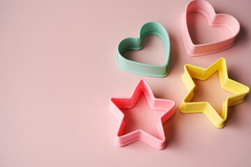 Heart and star cookie cutters baking tools on pink background flat lay style