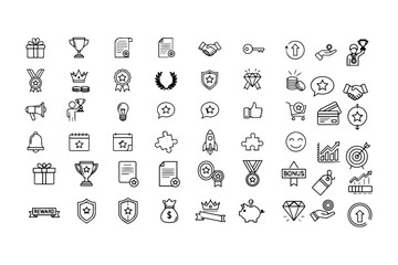 Reward set of web icons in line style. A collection of linear icons representing various reward concepts, including gift, trophy, recognition, reward program, medal, bonus,