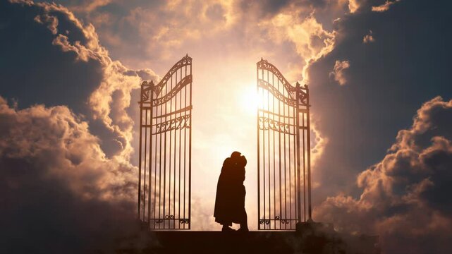 Jesus stands at the gates of heaven, welcoming souls with open arms. This peaceful moment highlights the beauty of faith and the promise of eternal life in a celestial setting.