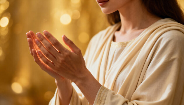 A devout woman praying with illuminated hands. The concept of faith, religion, and spirituality on a golden bokeh background - Powered by Adobe
