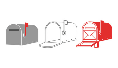 Three simplified graphic mailboxes one gray one outline one red with envelope postal delivery