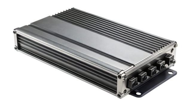 A silver car amplifier with a ribbed casing and multiple screw terminals, isolated on a transparent background
