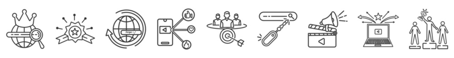 Content is king icon collection illustration includes SEO, branding, web, viral, target group, keyword, marketing, unique content, ranking, with thin lines and white background.