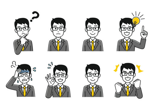 Businessman cartoon character showing a range of emotions and expressions, from confusion to triumph, in a professional setting