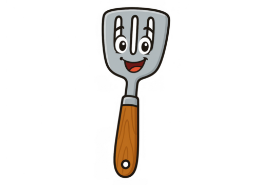 Cartoon spatula mascot with happy face and wooden handle, a kitchen utensil for cooking and serving food on transparent background