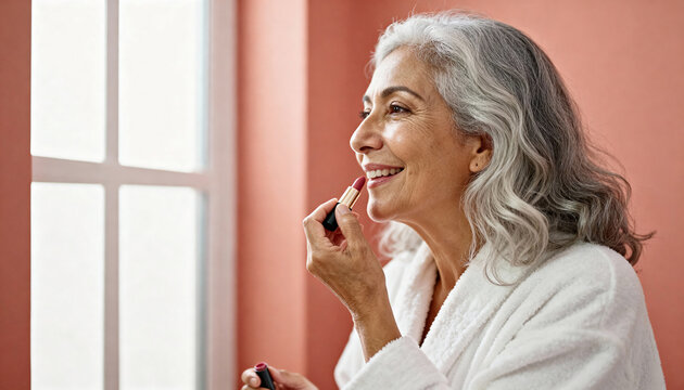 Happy mature woman with gray hair applying lipstick by a window. Senior lady in a bathrobe enjoying her daily self-care and makeup routine. Graceful aging concept - Powered by Adobe