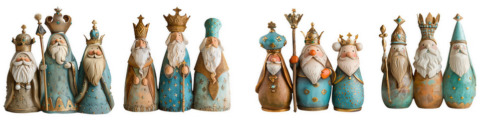 Collection of ornate king and queen figurines with crowns and scepters, isolated on transparent background