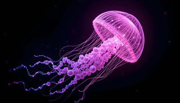 Luminescent Jellyfish Wireframe Model Glowing Electric Pink in Dark Water