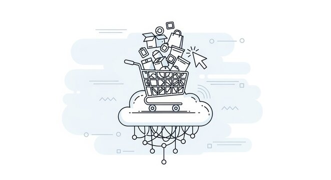 Conceptual illustration of cloud-based e-commerce with shopping cart full of products on cloud