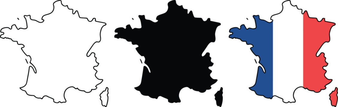 A collection of three vector illustrations of the map of France, featuring an outline, a solid silhouette, and a version with the national flag