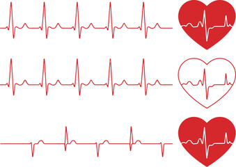 Collection of red heartbeat pulse lines on an EKG and heart shape icons for medical and cardiology vector illustrations