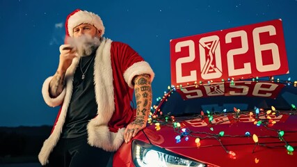 Festive holiday greeting featuring Santa Claus smoking, with a car adorned in colorful lights and displaying the year 2026, celebrating New Year's anticipation.