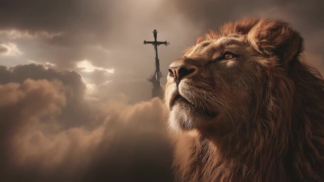Jesus teaches about faith and courage through the symbolism of the lion in a dramatic landscape