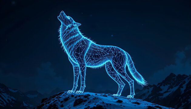 Howling Wolf Wireframe Hologram Glowing Blue on a Snowy Mountain Peak