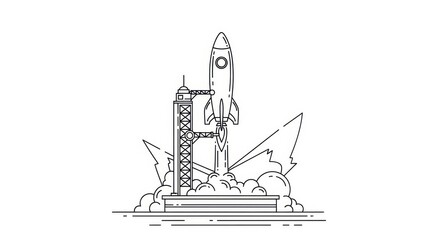 Line art drawing illustration of a rocket launch from the launchpad ready for space travel