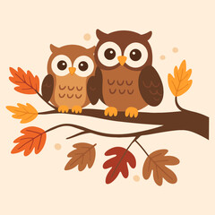 Obraz premium Cute Cartoon Owls Sitting on a Tree Branch with Autumn Leaves