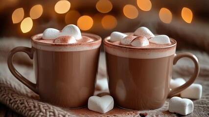 Two cozy brown mugs of hot chocolate topped with fluffy marshmallows on a knitted surface with warm bokeh lights in the background - Powered by Adobe
